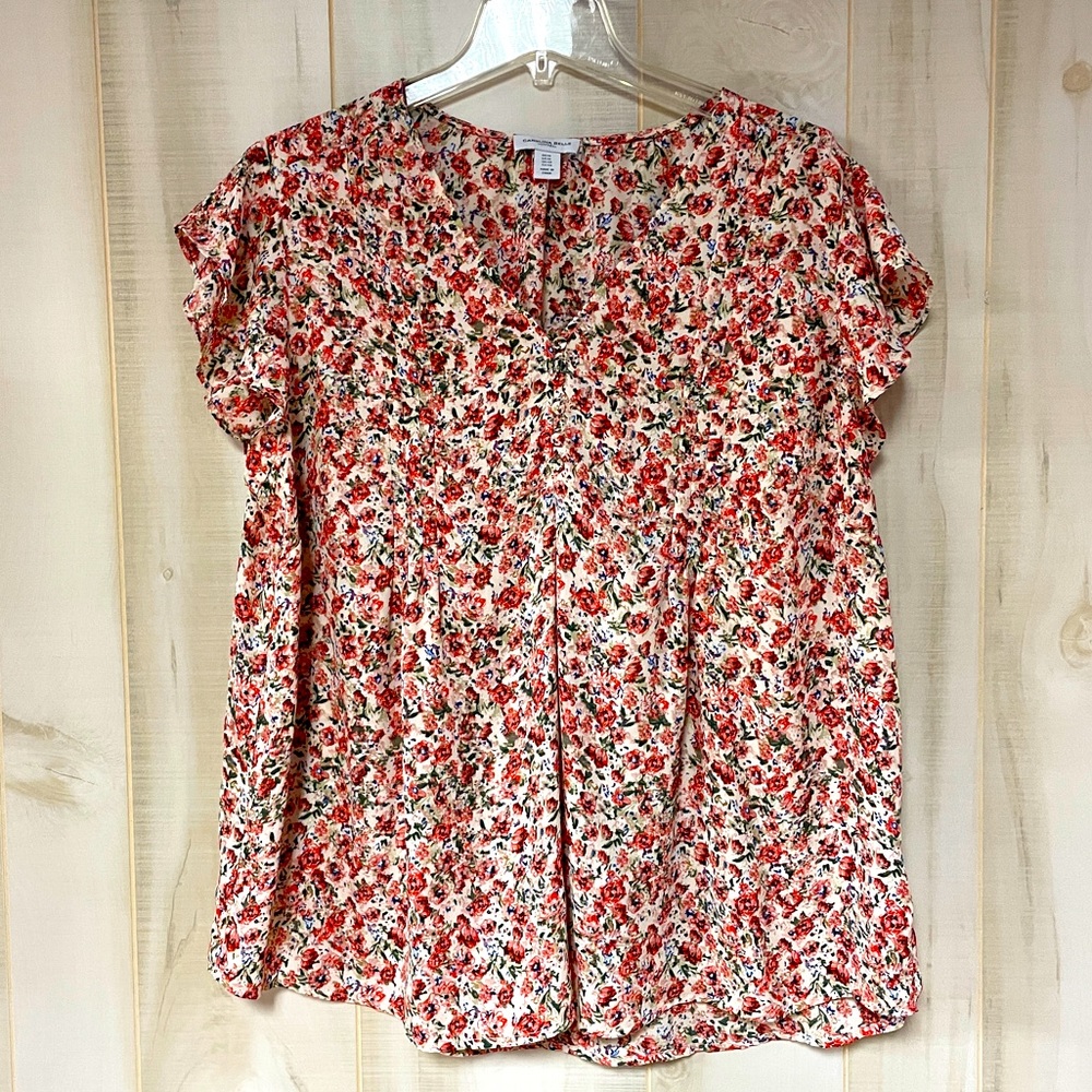 Carolina Belle Pink White Green Floral Short Sleeve Hi-Low Blouse Sz 1X - Picture 1 of 6